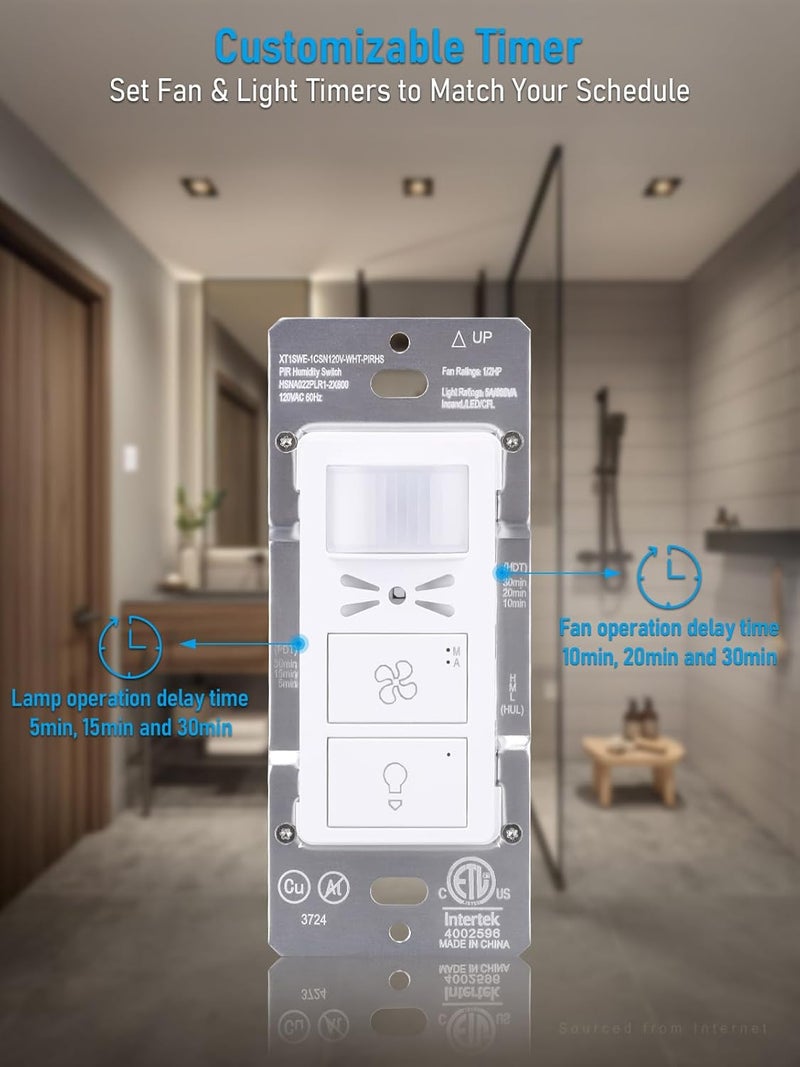 TORCHSTAR Humidity Sensor Switch with PIR Motion Detection, Adjustable Timing, Moisture Control, Automatic Fan & Light Control for Bathrooms Basements, Single Pole, 1/2 HP, White, ETL Certified - Image 5